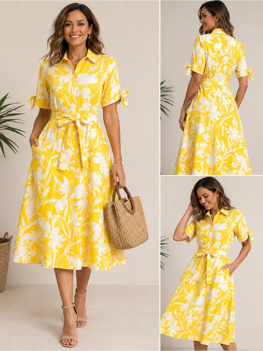 Calvin Klein Yellow and White Floral Tie-Waist Midi Dress
